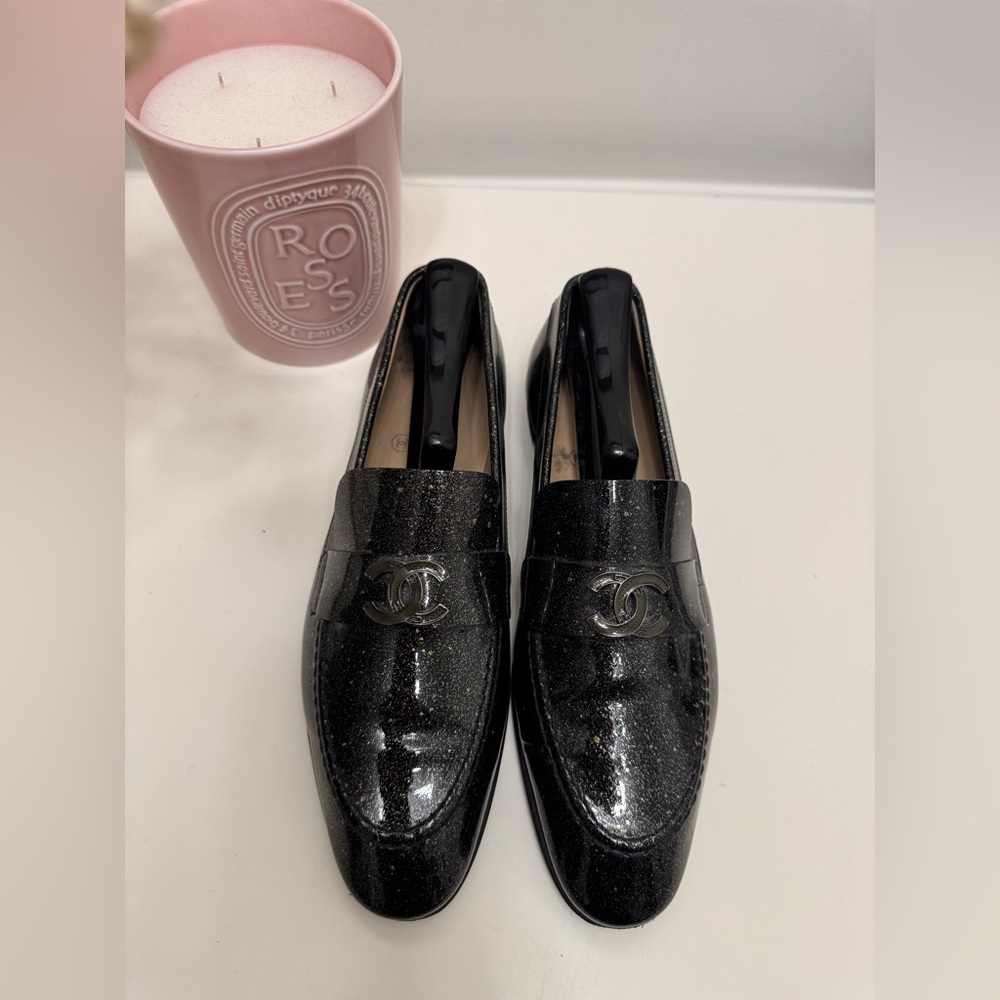CHANEL Glitter Black Loafers